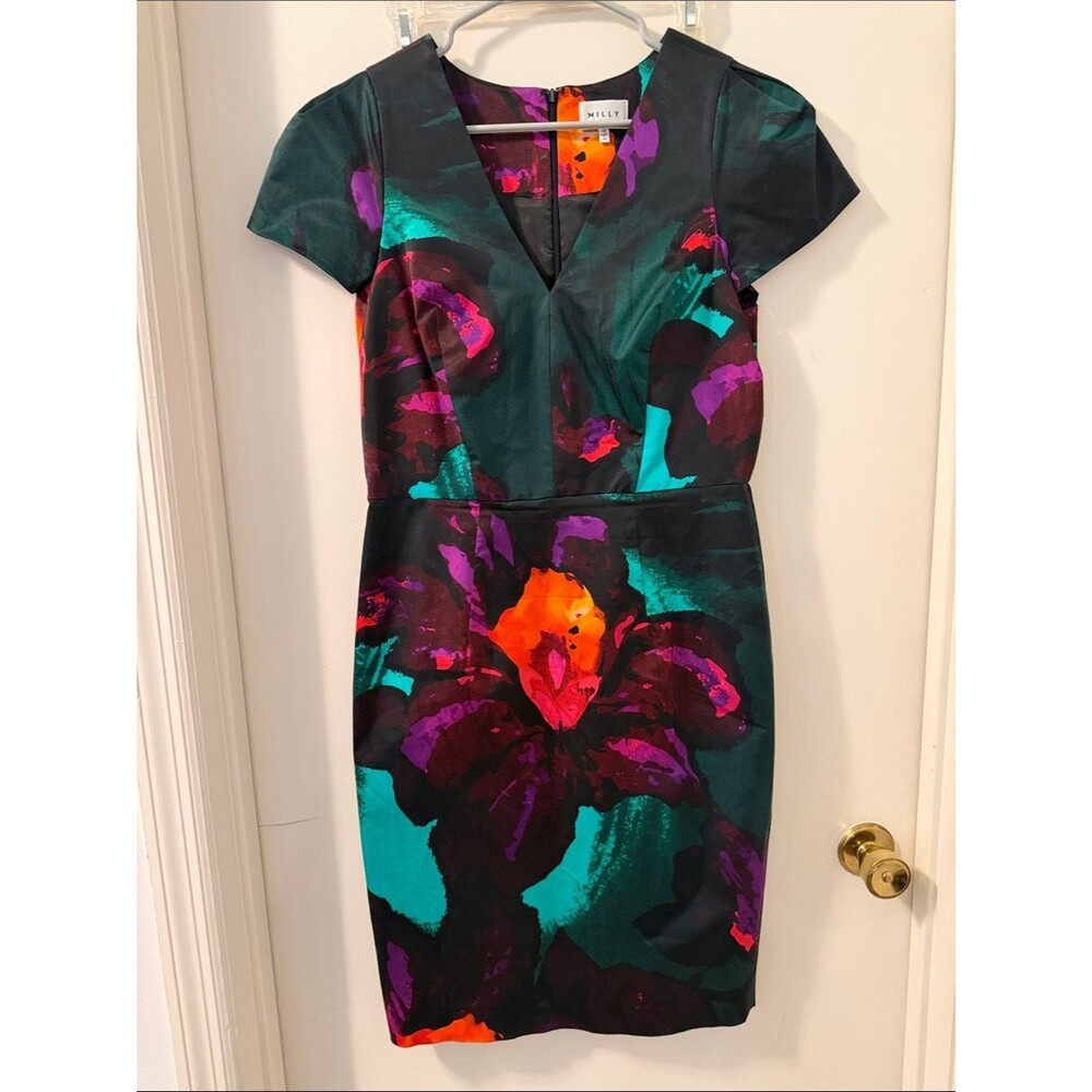 Milly Daphne Emerald Floral Sheath Dress Sz 10 UGC